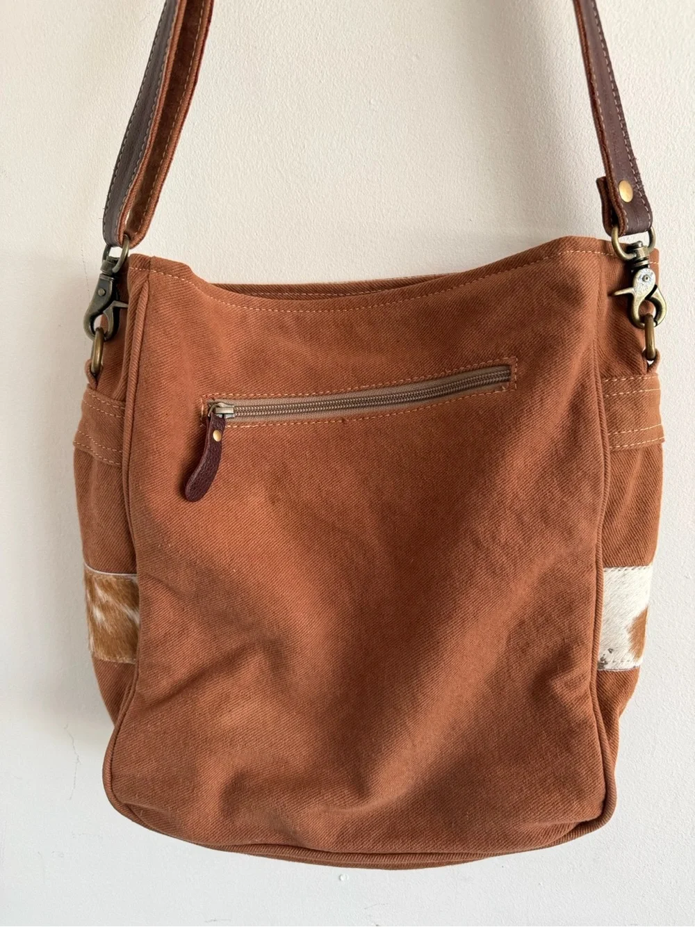 Myra Bag Brown, Cream & Turquoise Tooled Cowhide Crossbody